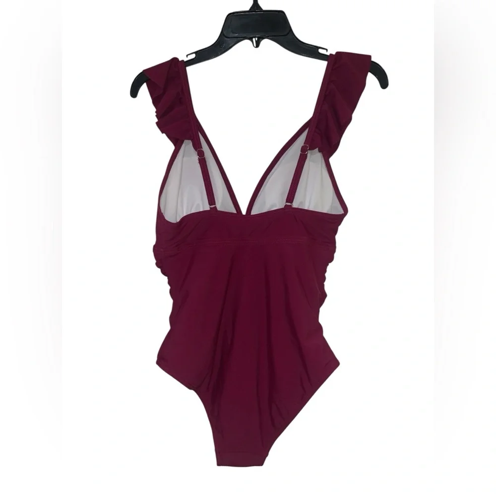 Sociala Ruched Tummy Control One Piece Ruffle Bathing/Swim Suit Fuchsia Red Sz M